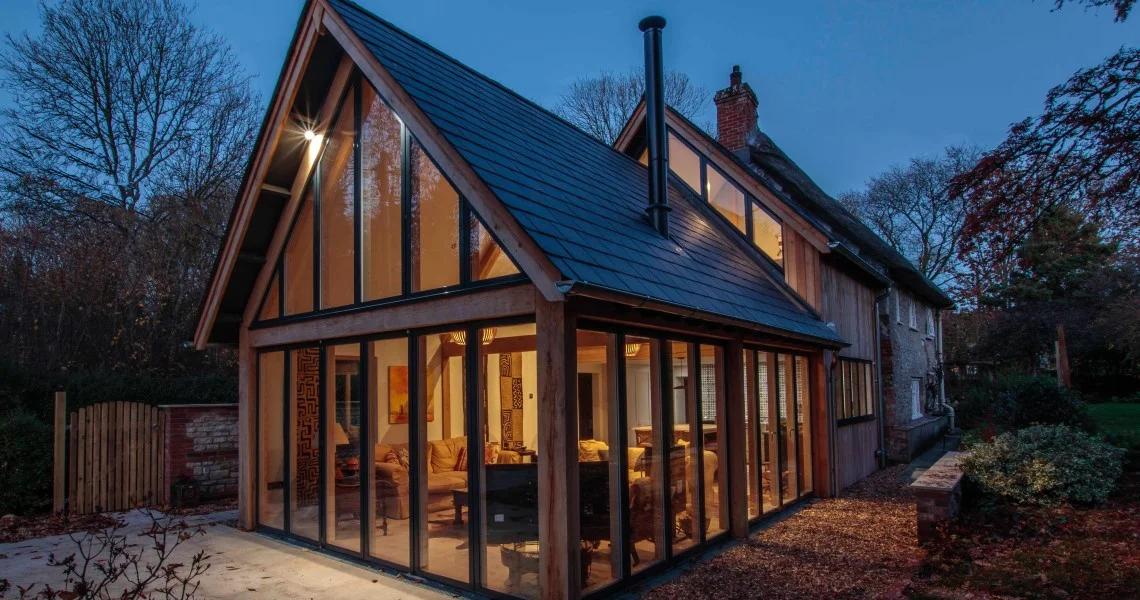 Contemporary house extension at dusk
